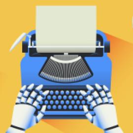 Robotic hands typing at a typewriter. 