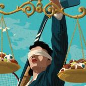 Justice figure holding scales with sports balls on them