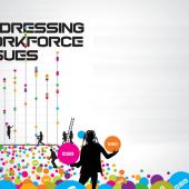 Several people carrying colorful balls that read ESG and building them up to the words Addressing Workforce Issues