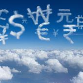 Clouds in the shape of currency symbols against a blue sky. 