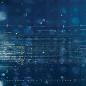 Blue image with vague lines of code crossing over each other.