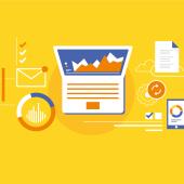 Flat graphic of laptop and digital icons in front of a yellow background.