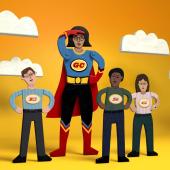 A large super-woman with GC on her chest stands larger that 3 normal people with the letters E, S, and G.