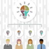 4 lightbulbs complete the puzzle in one larger lightbulb