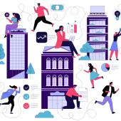 Drawing of business people teleworking all over a colorful city.