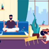 Father meditating while children run wild in house