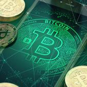 bitcoin logo on a phone screen surrounded by stacks of real bitcoin coins