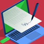 a cartoon image of a laptop with a usb plugged in has a piece of paper coming out of the screen and a pen signing the paper