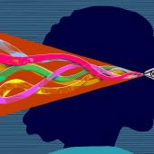 female silhouette with curvy lines going into her eye and straight lines exiting