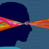 female silhouette, curved lines entering eye, straight lines exiting