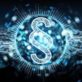 Law paragraph digital hologram on blue city background 3D rendering