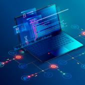 laptop with code and lights extending from the base and the screen