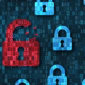 Broken red padlock with blue secure padlocks in front of a gray background with binary code.