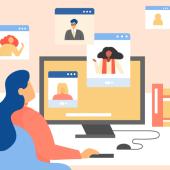 Flat illustration of woman talking to colleagues using a video call with in front of a peach background.