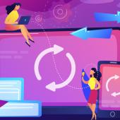 Illustrated computer and phone screens with email icons and women working