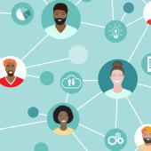 Graphic of diverse people's headshots in bubbles connected in front of a turquoise background.