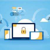 Flat graphic of files being imported into a computer in front of a cloud in front of a sky blue background.