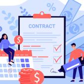 Flat vector of woman sitting on an oversized calendar and a man signing an oversized contract in front of a light purple background of icons of money, coins, and an hourglass.