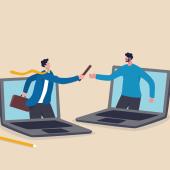 drawn figures, one looks male, white, with briefcase, like coming out of laptop screen, other looks male, brown, like coming out of laptop screen, the other one is handing a baton off to that one as though symbolizing handing work off