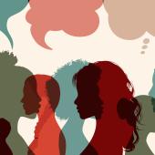 illustratation of people in blues, reds, tans, with hairstyles showing diversity, and speech bubbles