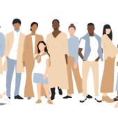 lillustration of people, different color skin, some gray hair, some with wheelchair, walker, cane, pregnant