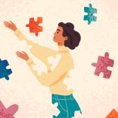 illustration - woman pulling different color puzzle pieces, holding some in one color and reaching for one in same color