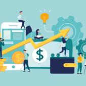 illustration of large calculator, people on and around it, cogs, flipchart, dollar signs, coins