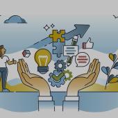 illustration of person on land in clouds being held by two hands, looking up with puzzle piece, arrow pointing up, and thumbs up