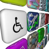 icon of wheelchair lined up with other icons, images unclear, as if it might indicate that accommodation needs are a critical part and there are other areas in addition to wheelchairs