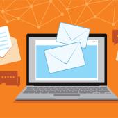 computer with envelopes around it like lots of emails are being sent, also has megaphone in background and symbols denoting communication