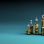 illustration of gold coin stacks of different heights with figures of people atop