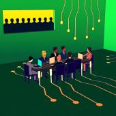 Board room meeting being conducted at a table made out of a microchip.