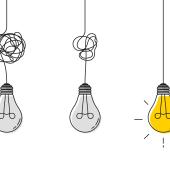 Row of lightbulbs with decreasingly knotted wires. 