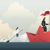 Fleet of people sailing on an ocean, symbolizing leadership. 