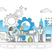 Graphic of a student navigating an internship program and emerging with a career. 