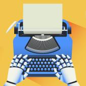 Robotic hands typing at a typewriter. 