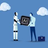 Cyborg and lawyer holding a giant cpu chip together.