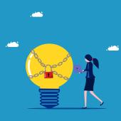 Lawyer holding a computer standing next to a light bulb "idea" with a padlock on it. 