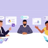 Illustration of employees around an office table with other members on screens
