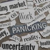 Scraps of newspaper headlines with words like Work, Panicking, Reality, and Uncertainty.