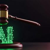 Judge's gavel above neon-glowing AI