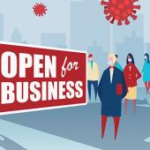 an open for business sign. several people in masks and large virus cells surround the sign