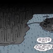 Cartoon of a city labelled "agreements today" with a bridge to an island labelled "future agreements" with the mayor and a city planner saying "how can we run the city in the dark?" "See that streetlight? We'll have a little visibility in the future."