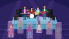 illustration of band playing with figures in clear  boxes watching and dancing as though this is a Metaverse experience
