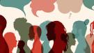 illustratation of people in blues, reds, tans, with hairstyles showing diversity, and speech bubbles